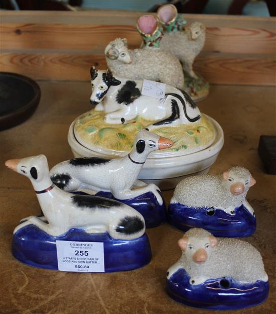 4 Staffs sheep, pair of dogs and cow butter dish